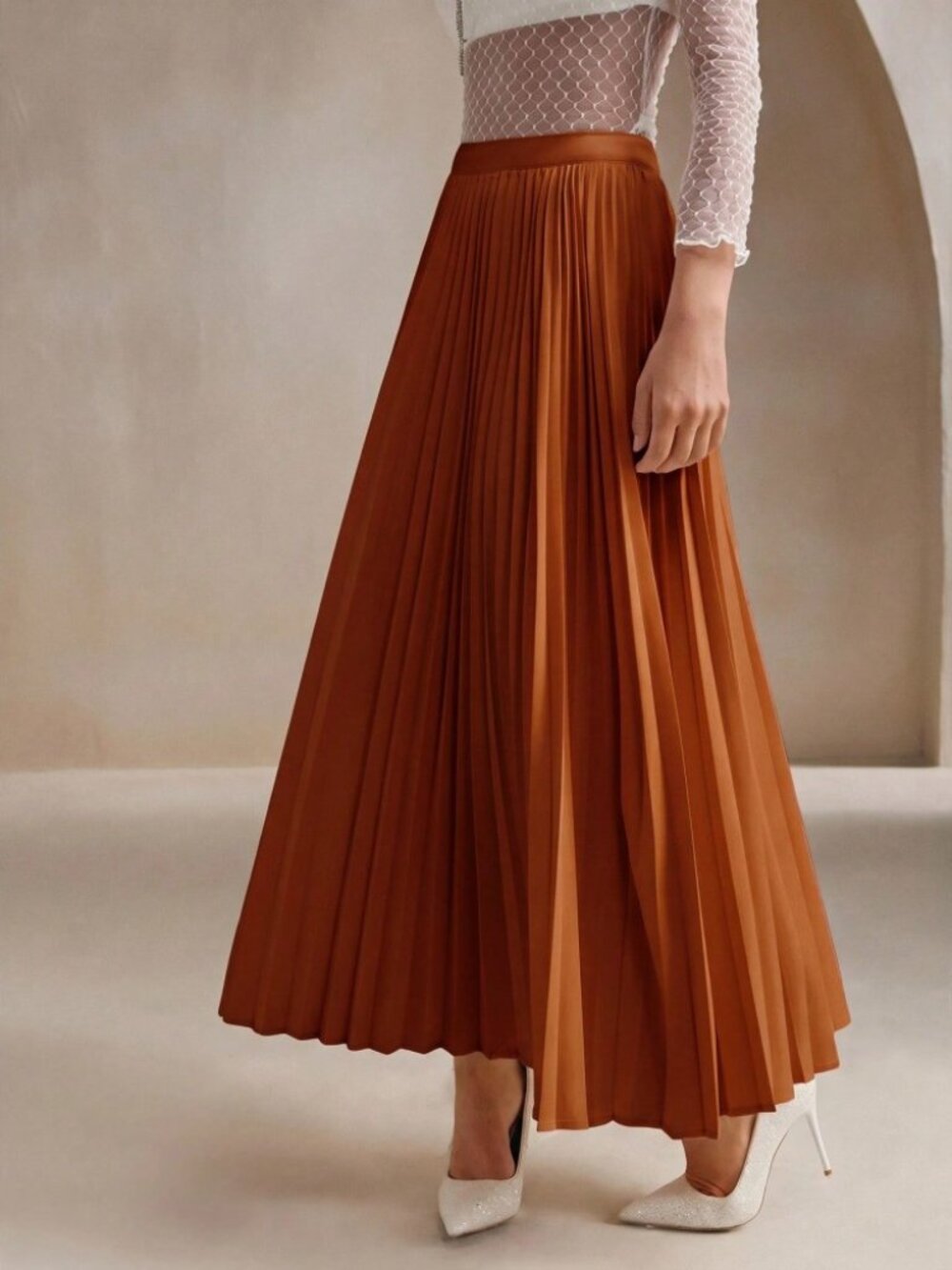 Rust Orange Pleated Satin Maxi Skirt